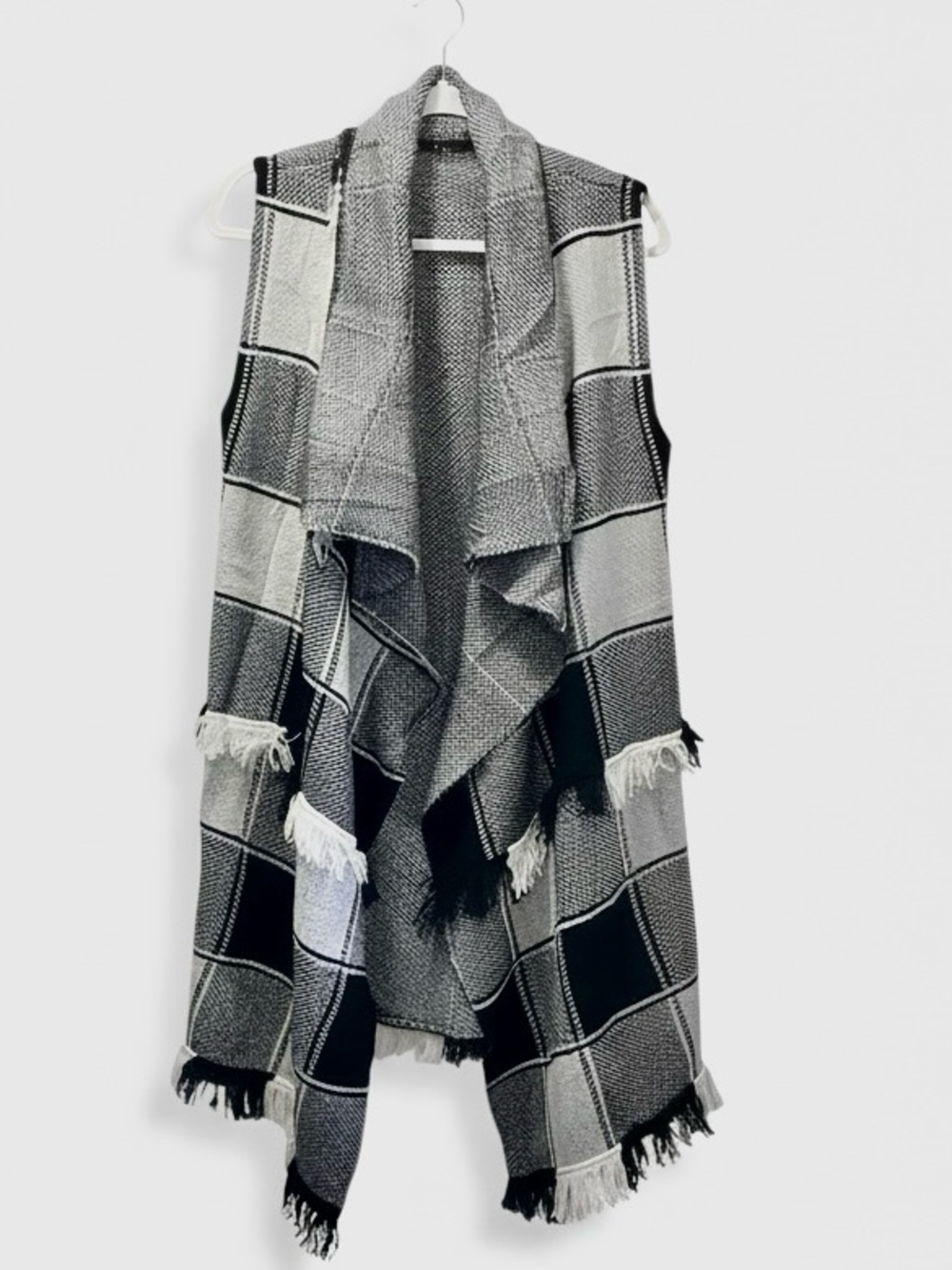 Womens Sleeveless Plaid Asymmetrical Hem Tassel Drape Open Front Cardigan Vest - Picture 3 of 5